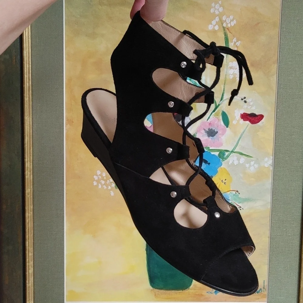 Amalfi By Rangoni Firenze Black Suede Wedge Lace Up Open Toe Ankle Sandals 8M